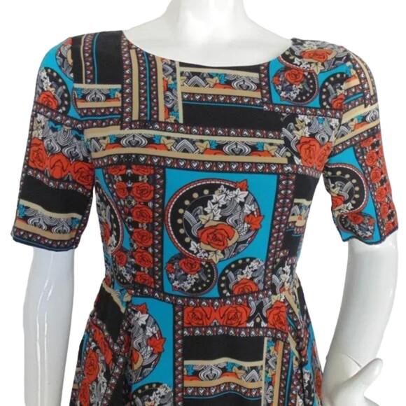 MINKPINK Dress, Jr M, Geometric Floral/Roses, Skater, Poly, Aqua/Black/ - Picture 4 of 12